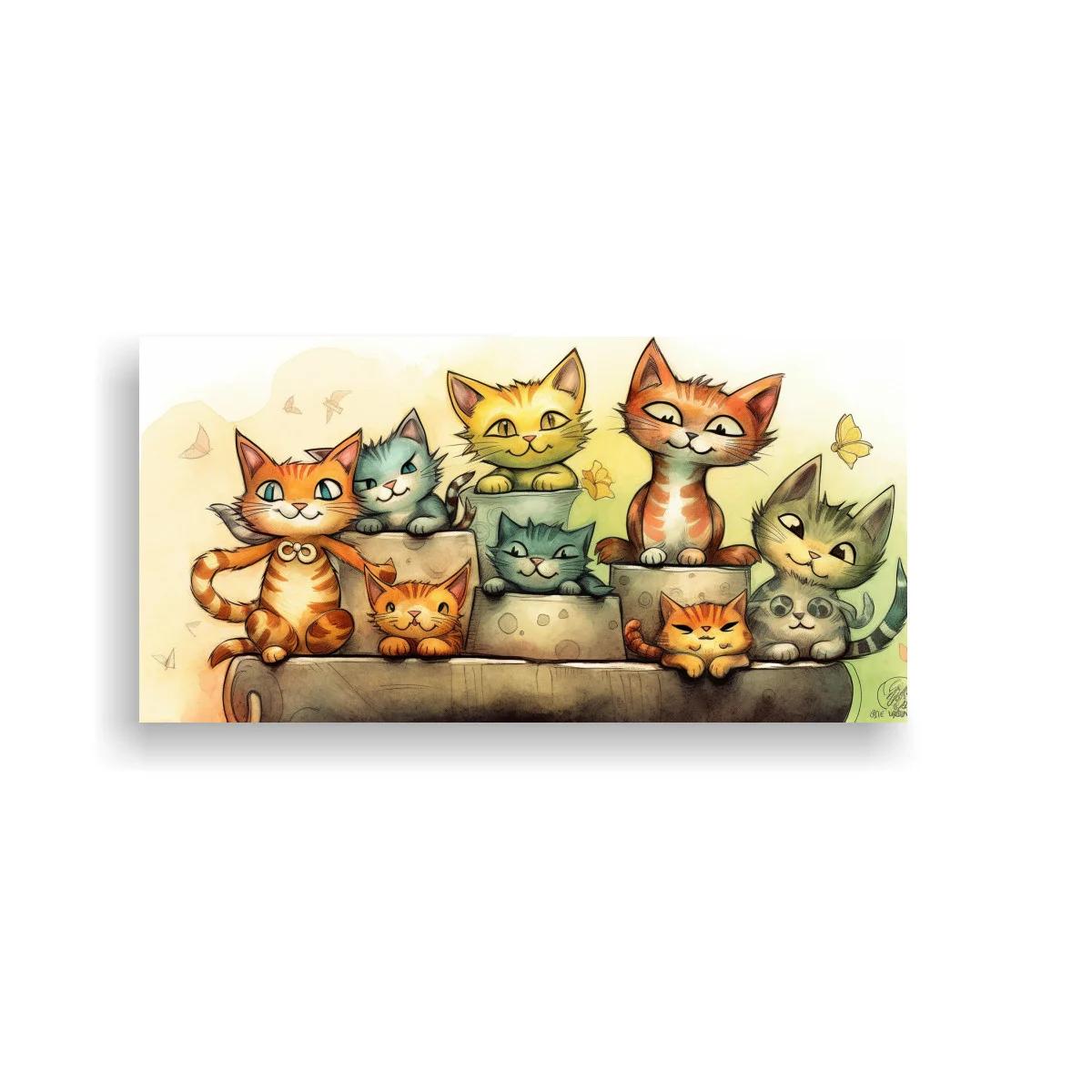 Cuadro grupo de gatos caricaturescos con mariposas amarillas