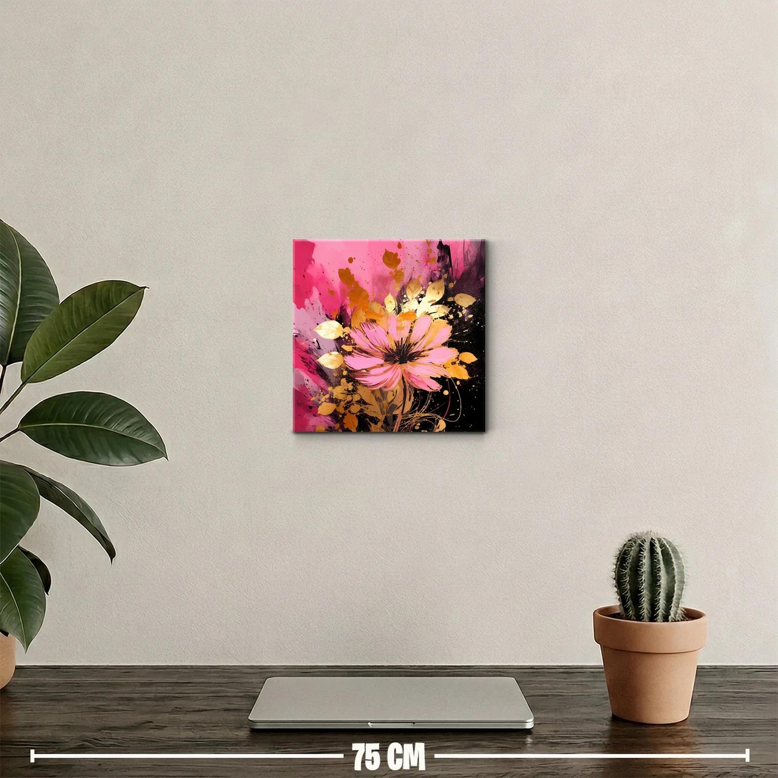 Impactante cuadro de flor rosa con detalles dorados vibrantes — miniatura 2
