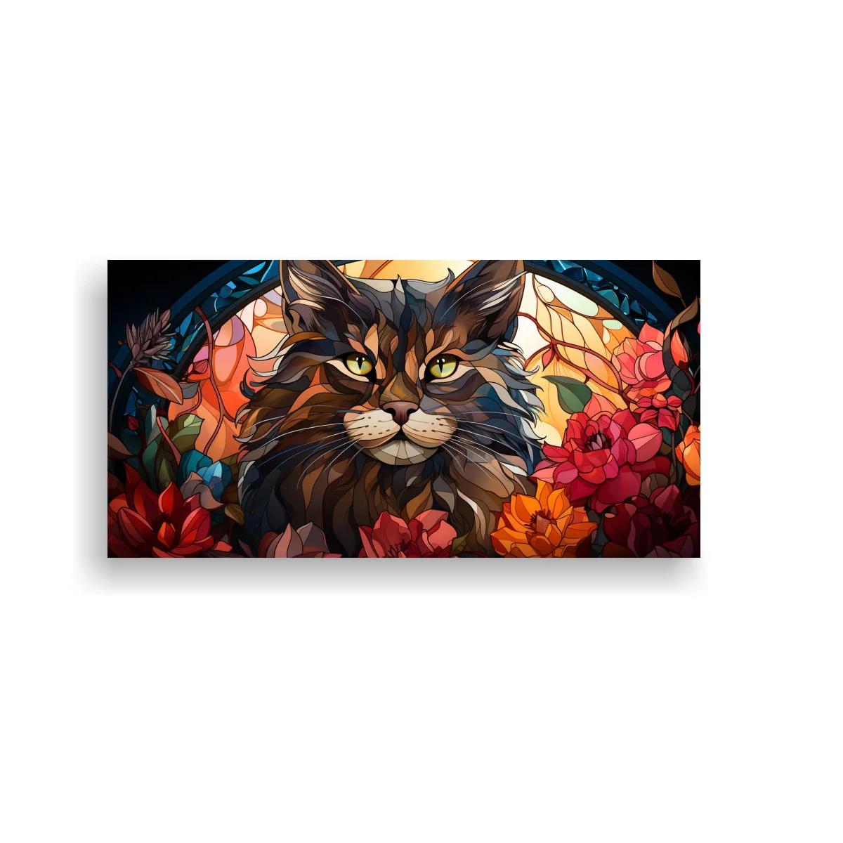 Cuadro gato de pelo largo con flores tipo vitral