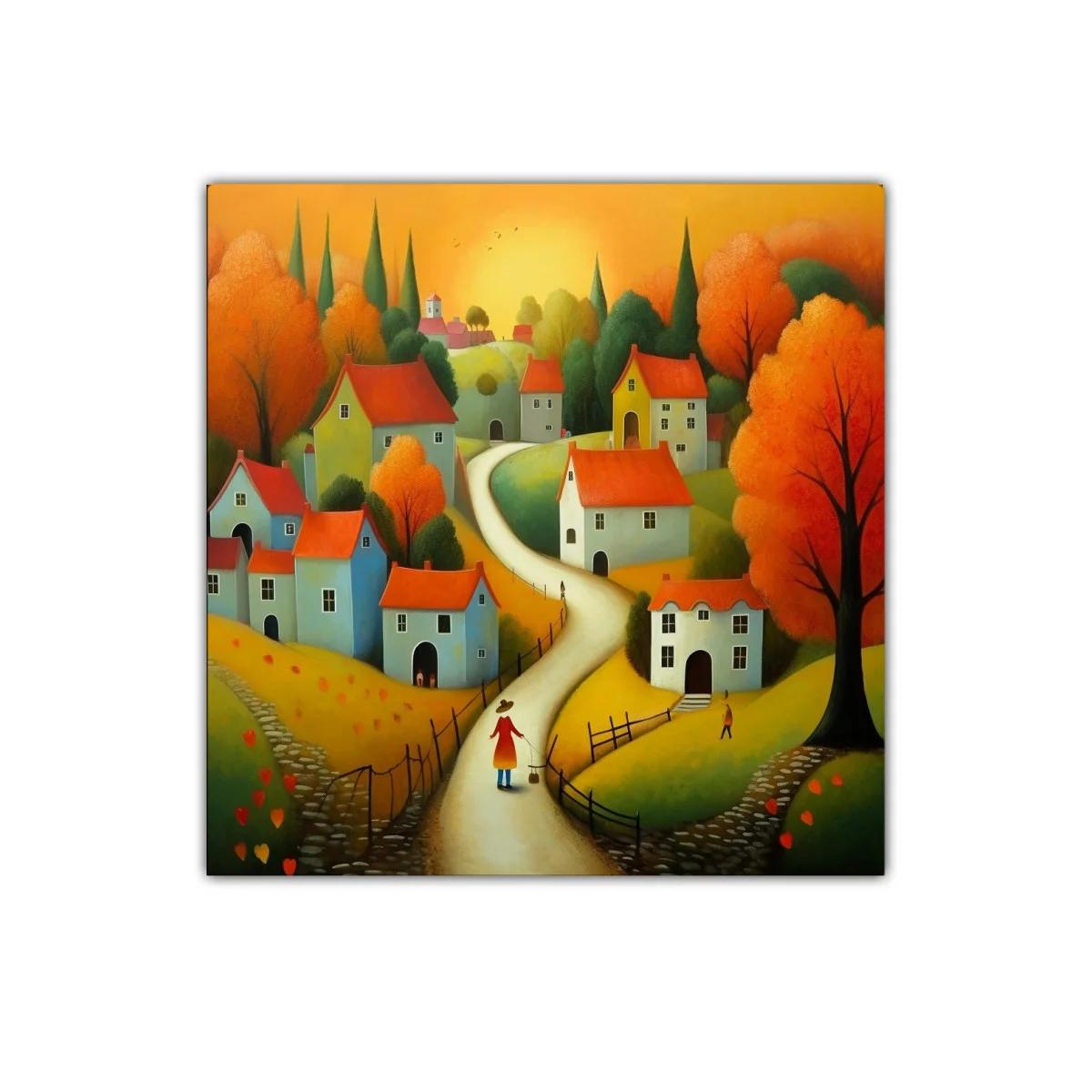 Paisaje otoñal con casas y sendero iluminado al atardecer