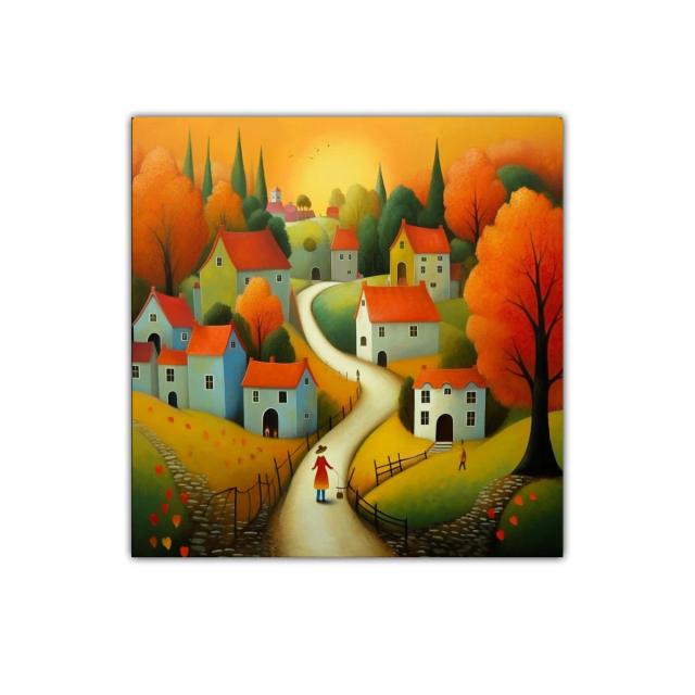 Paisaje otoñal con casas y sendero iluminado al atardecer