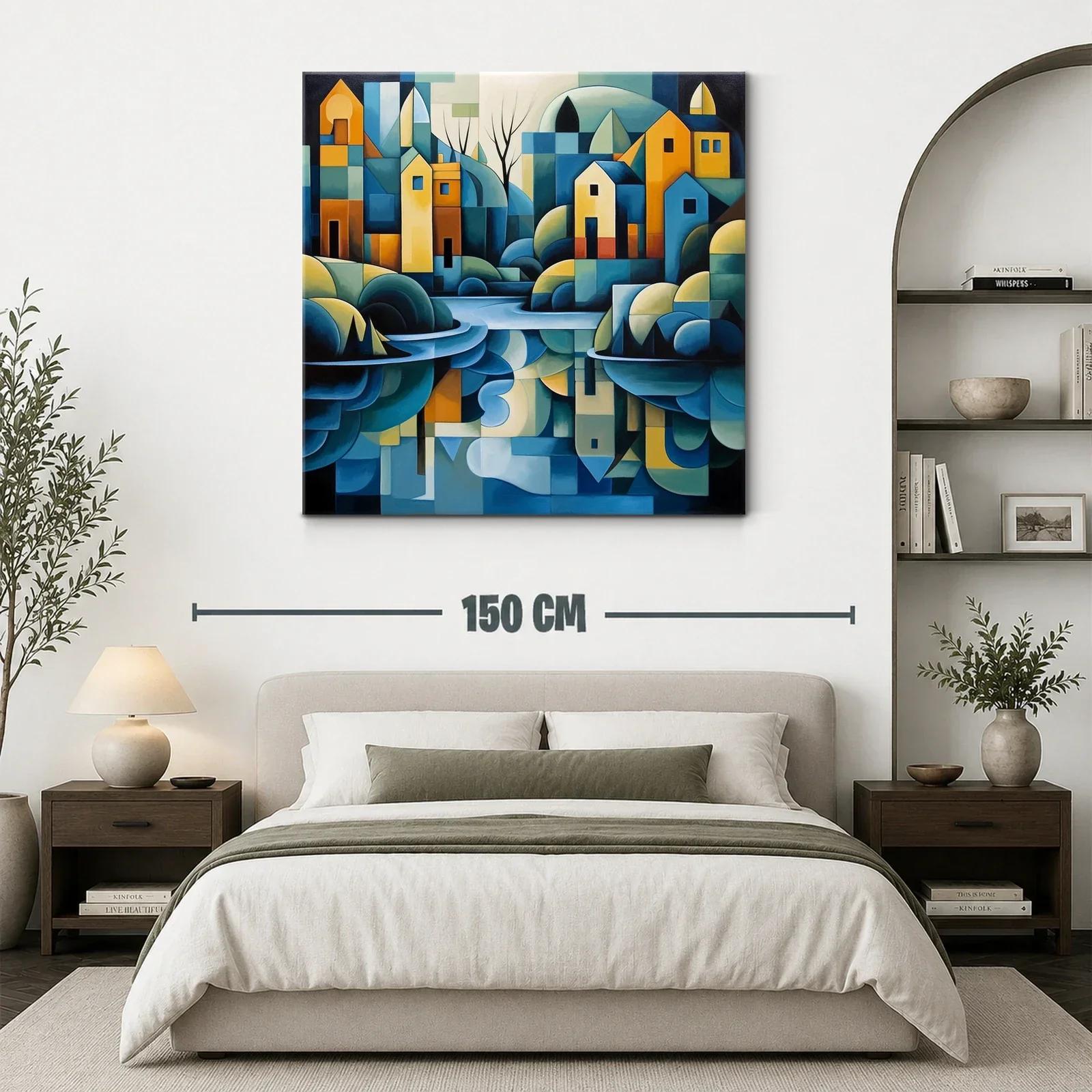 Paisaje urbano abstracto con reflejos en tonos azules y ocres — miniatura 3