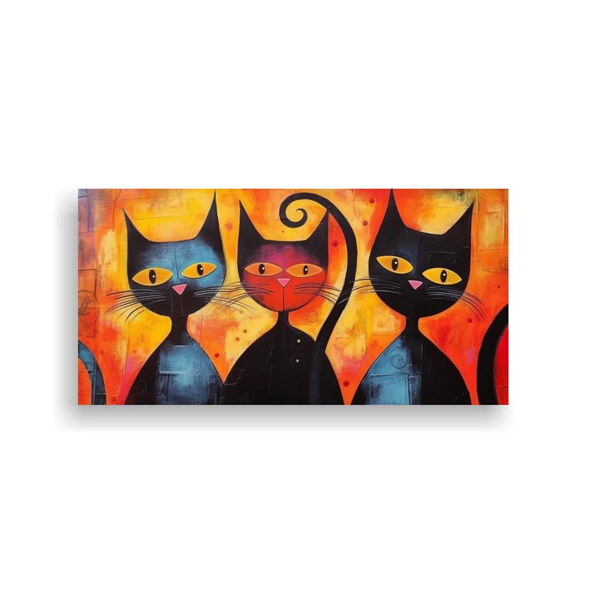 Cuadro tres gatos negros con narices rosadas y colas en espiral