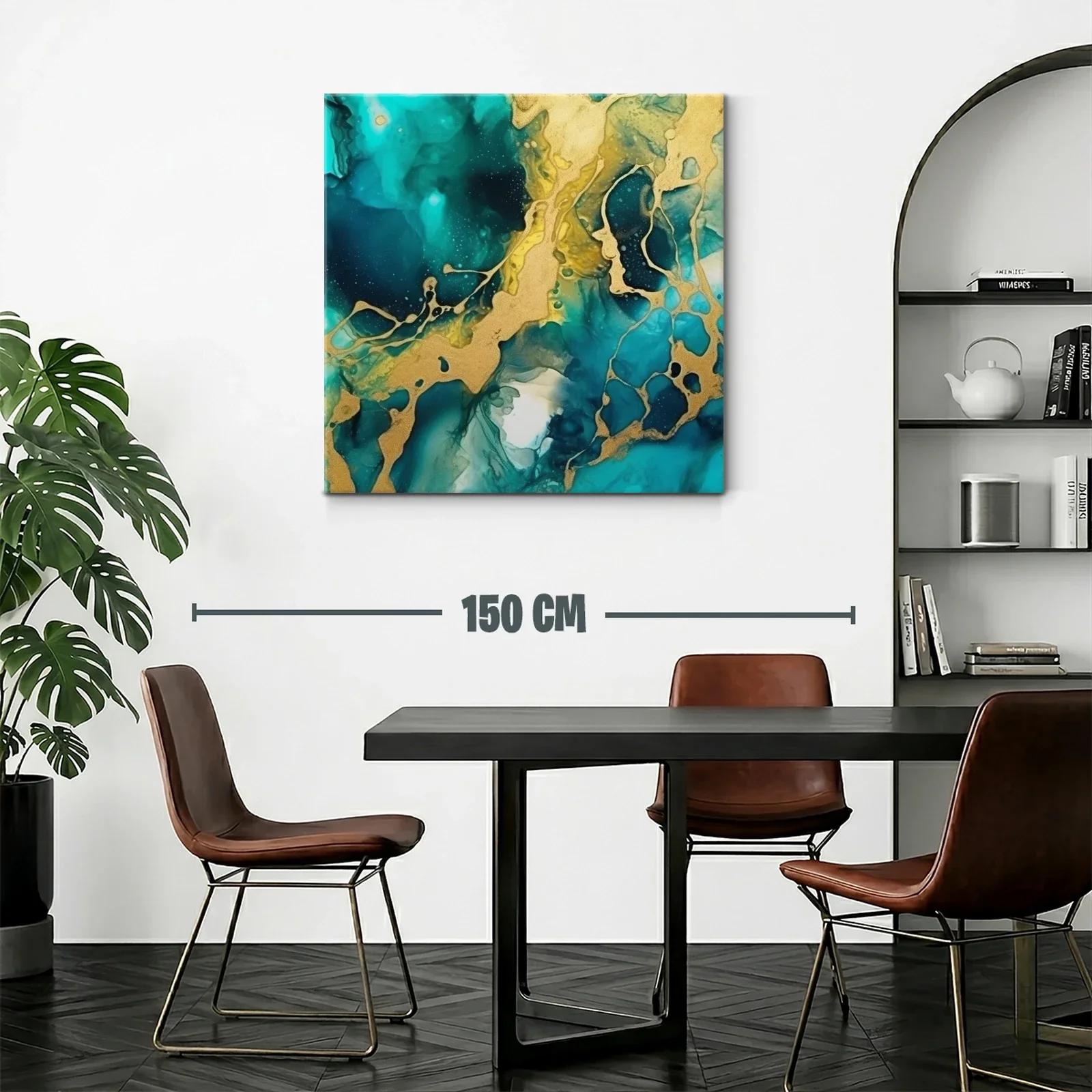 Cuadro abstracto con tonos turquesa y dorados vibrantes — miniatura 2