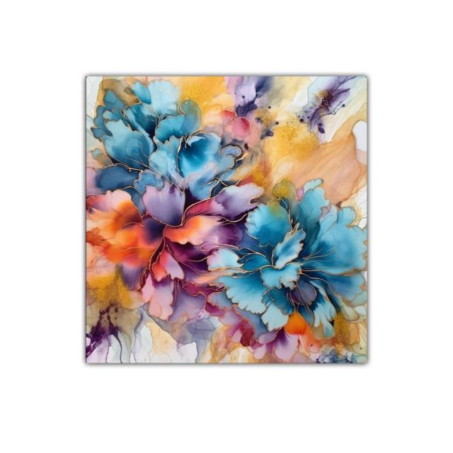 Cuadro floral vibrante con tonos azul y naranja intensos