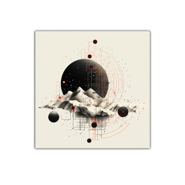 Cuadro abstracto con montañas y formas geométricas futuristas