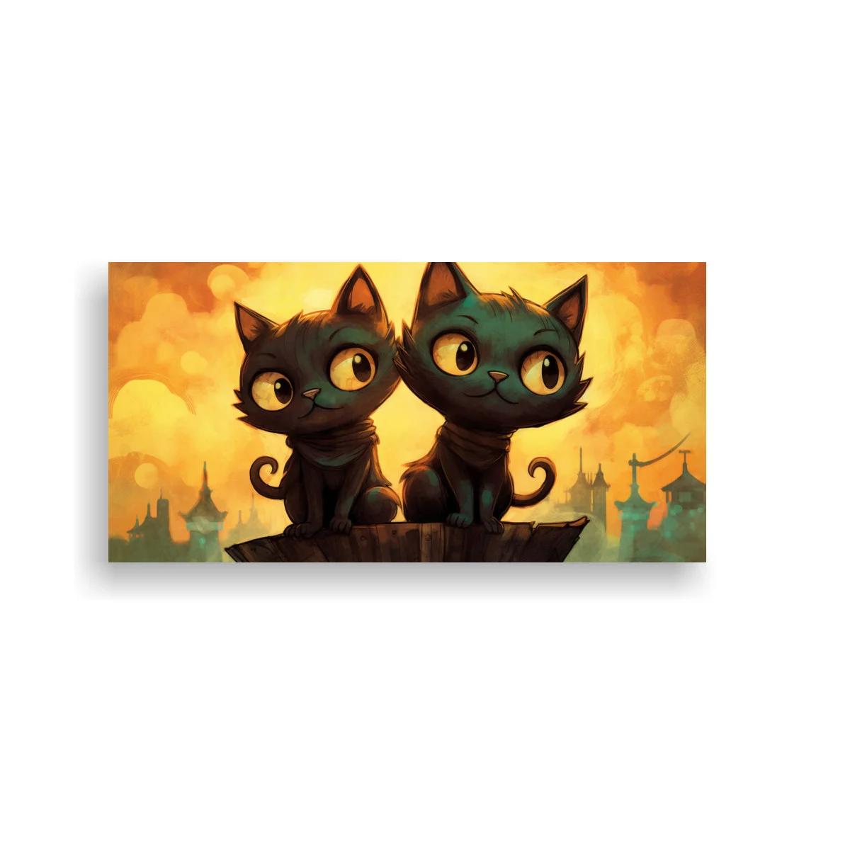 Cuadro dos gatos negros de ojos grandes con fondo urbano anaranjado
