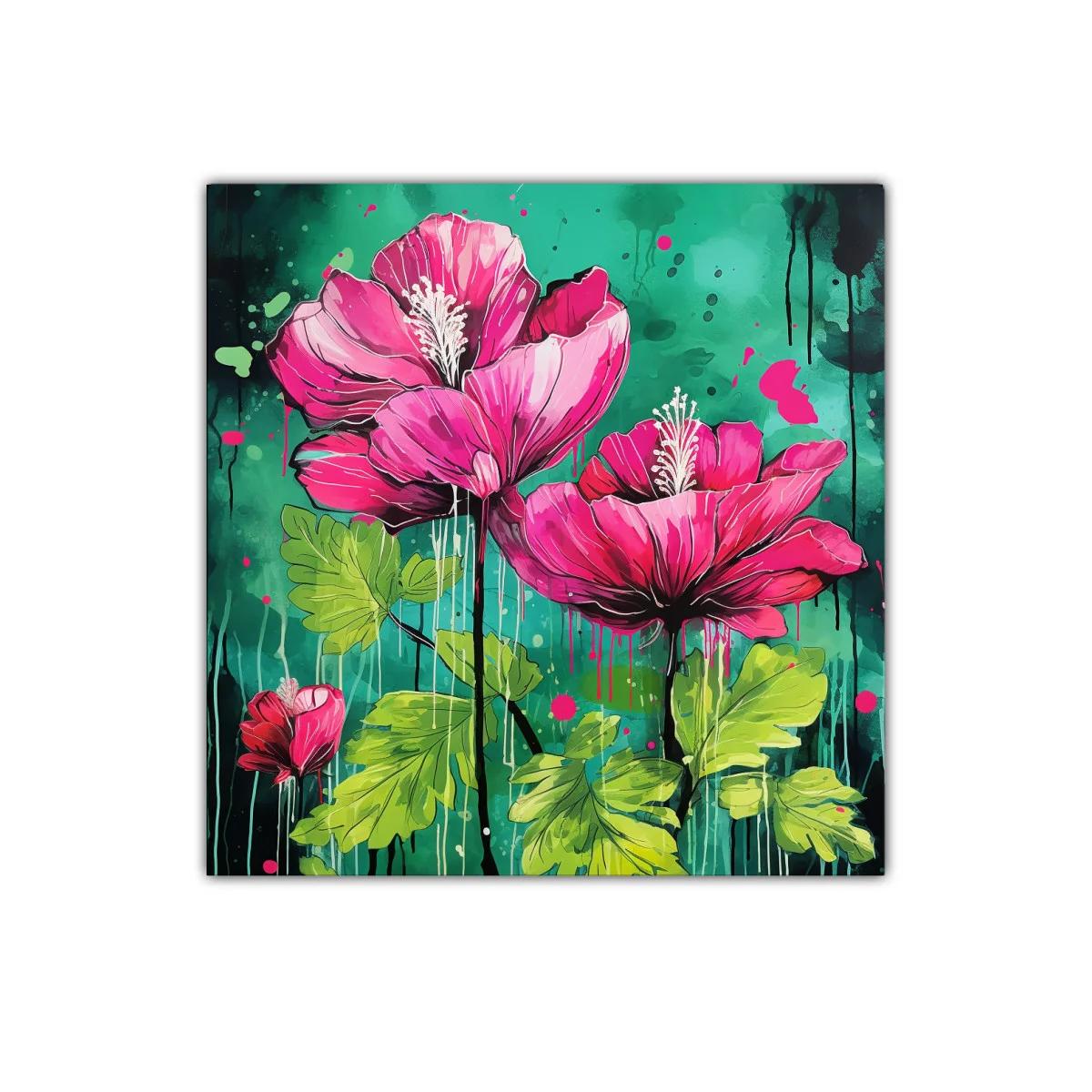 Cuadro vibrante con flores fucsias sobre fondo verde intenso — imagen principal