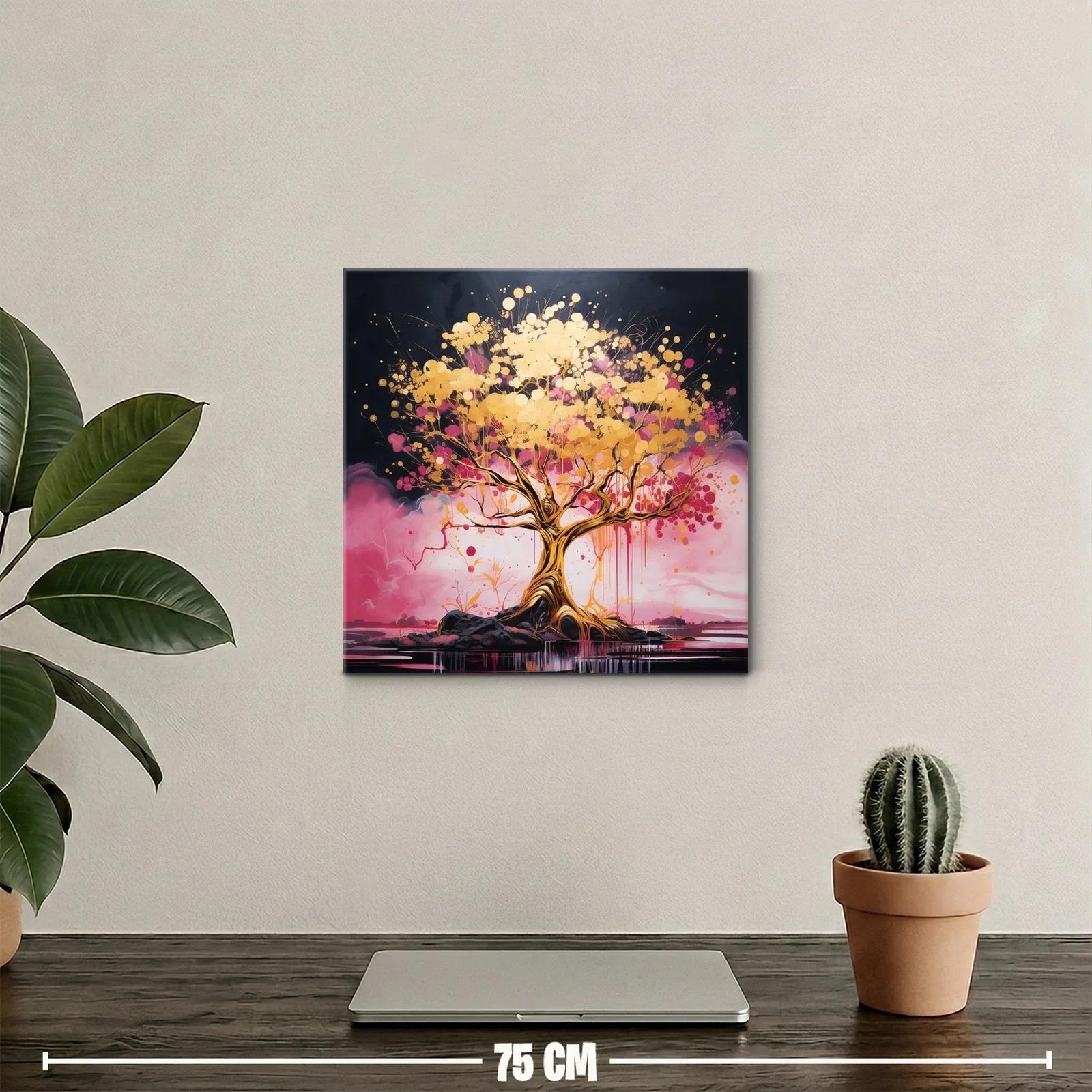 Árbol dorado con vibrantes tonos rosas sobre fondo oscuro — miniatura 2