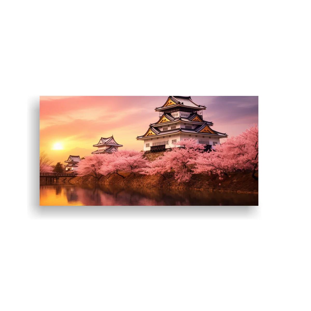 Cuadro castillo japonés entre cerezos en flor y reflejos
