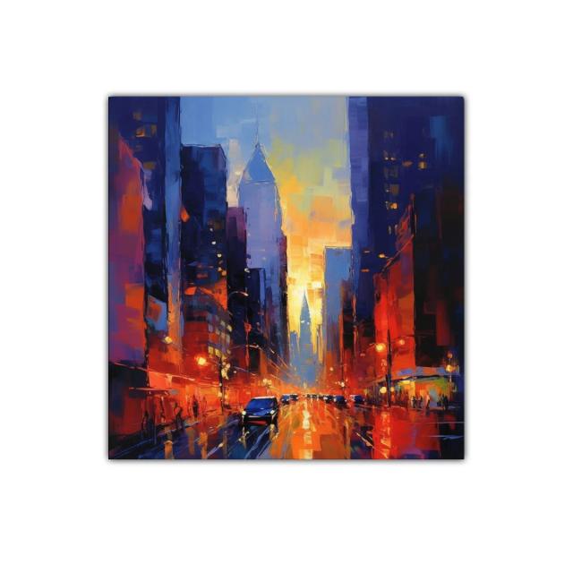 Atardecer vibrante en ciudad iluminada por luces cálidas