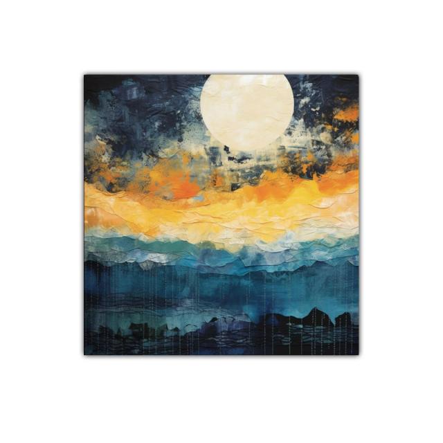 Cuadro abstracto con luna y tonos cálidos y fríos