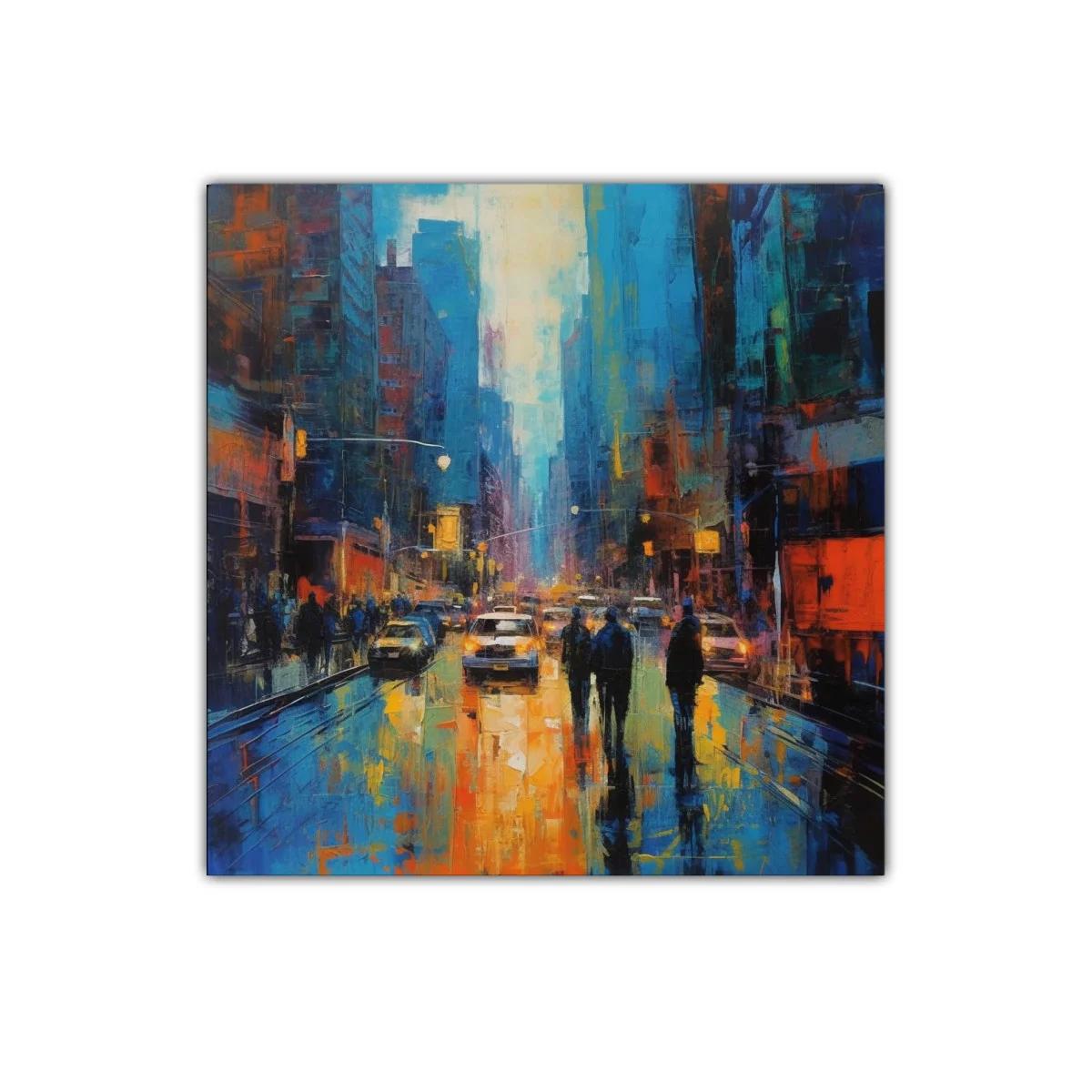 Cuadro urbano con reflejos vibrantes y siluetas en la noche