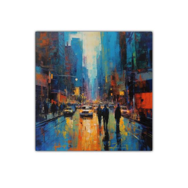 Cuadro urbano con reflejos vibrantes y siluetas en la noche