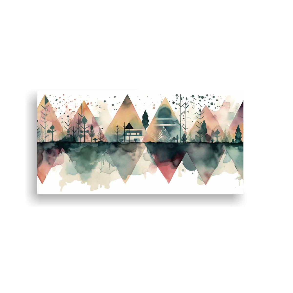 Cuadro bosque de pinos entre montañas geométricas