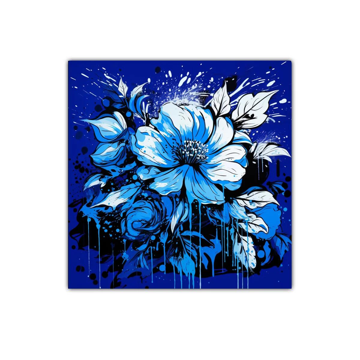 Cuadro floral vibrante en tonos azules intensos y negros