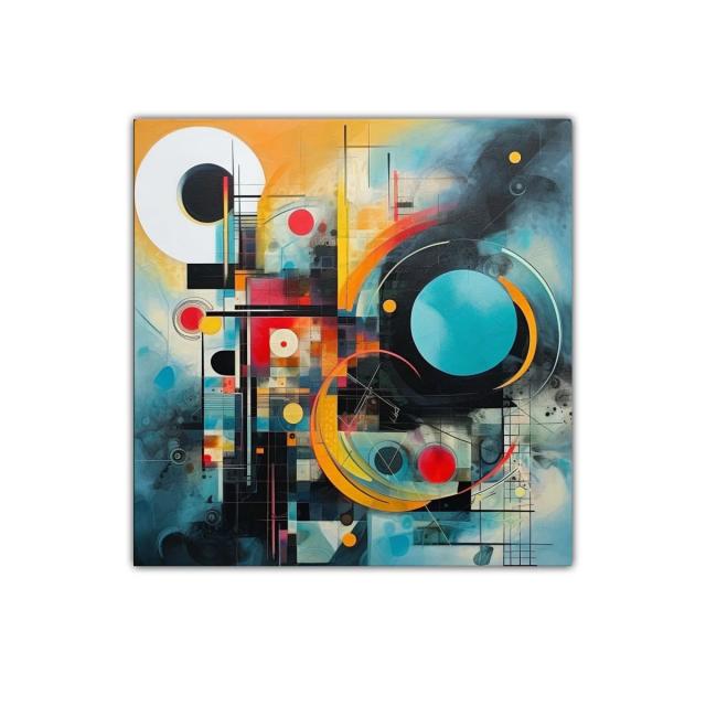 Composición abstracta con círculos y líneas geométricas en colores vivos