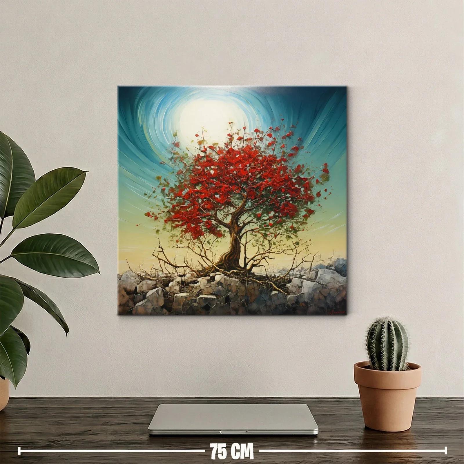 Árbol rojo vibrante sobre rocas con cielo luminoso — miniatura 2