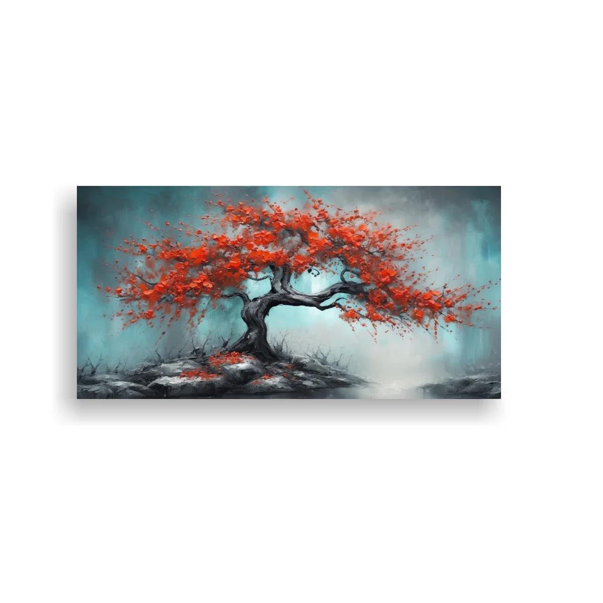 Cuadro árbol rojo inclinado con fondo nebuloso