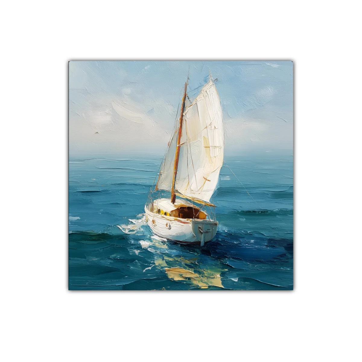 Vela blanca surcando el mar en tonos azules y celestes — imagen principal