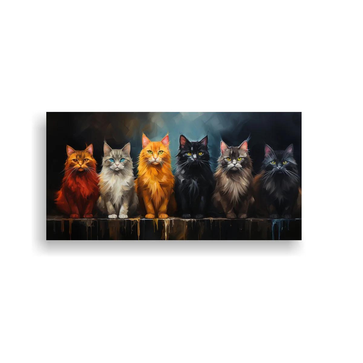 Cuadro seis gatos de pelo largo con contraste intenso