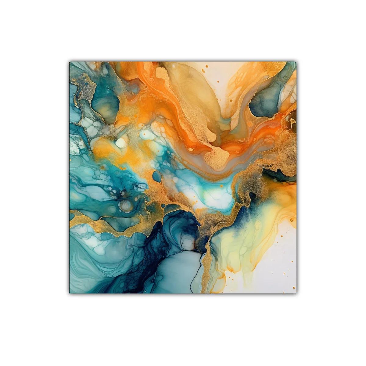Cuadro abstracto en tonos turquesa y dorado vibrante