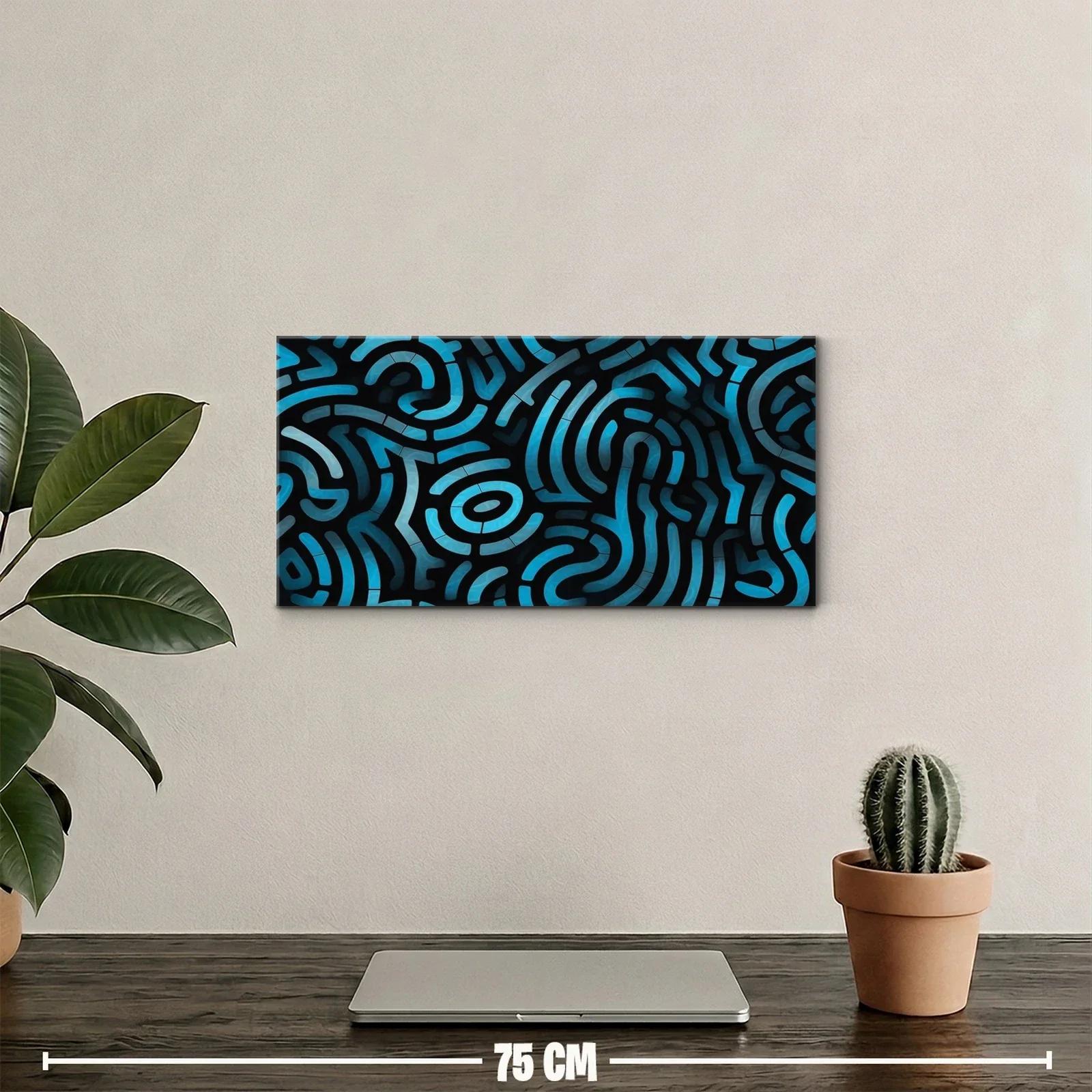 Cuadro patrón laberíntico abstracto en turquesa y negro — miniatura 2