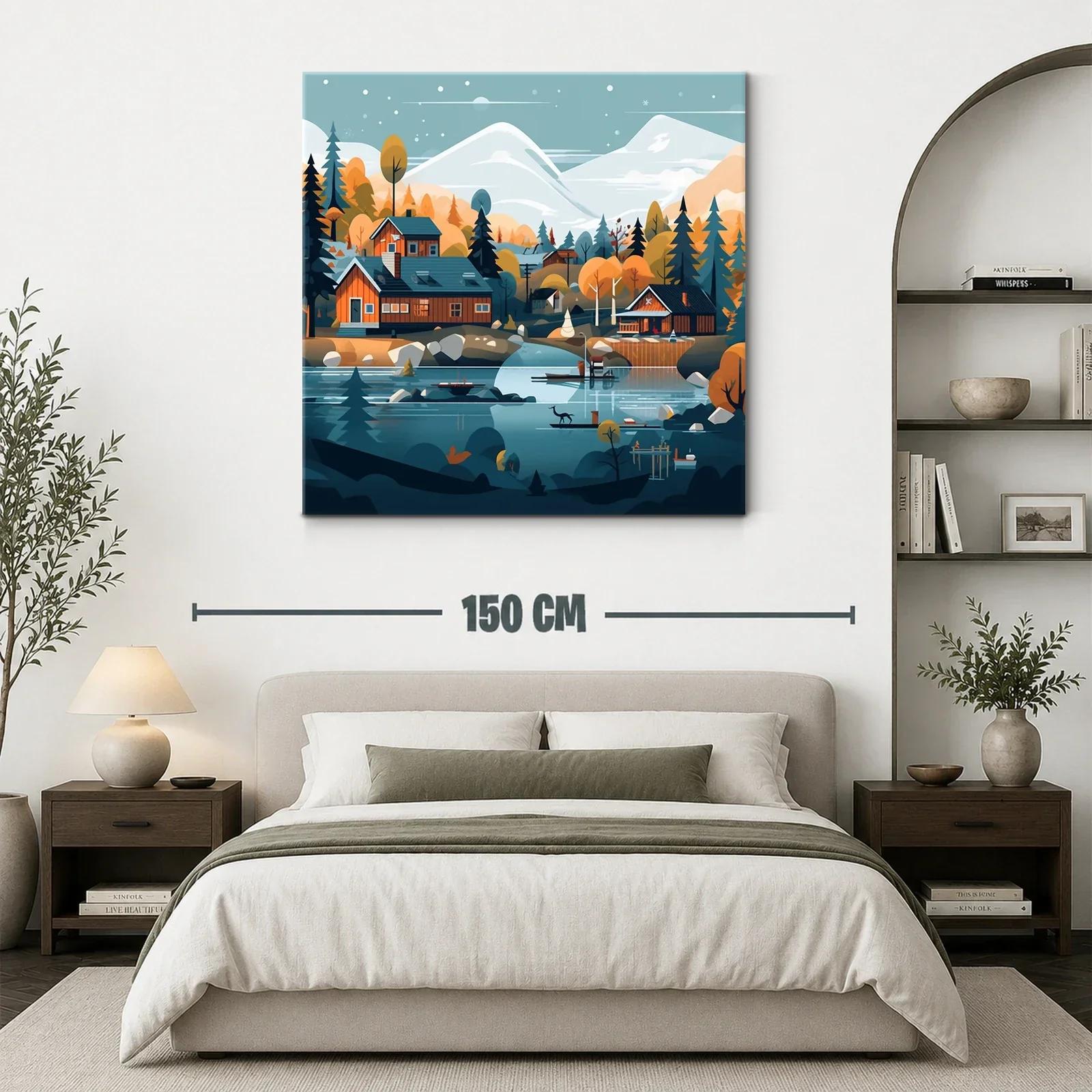 Paisaje sereno de cabañas junto al lago y montañas nevadas — miniatura 3