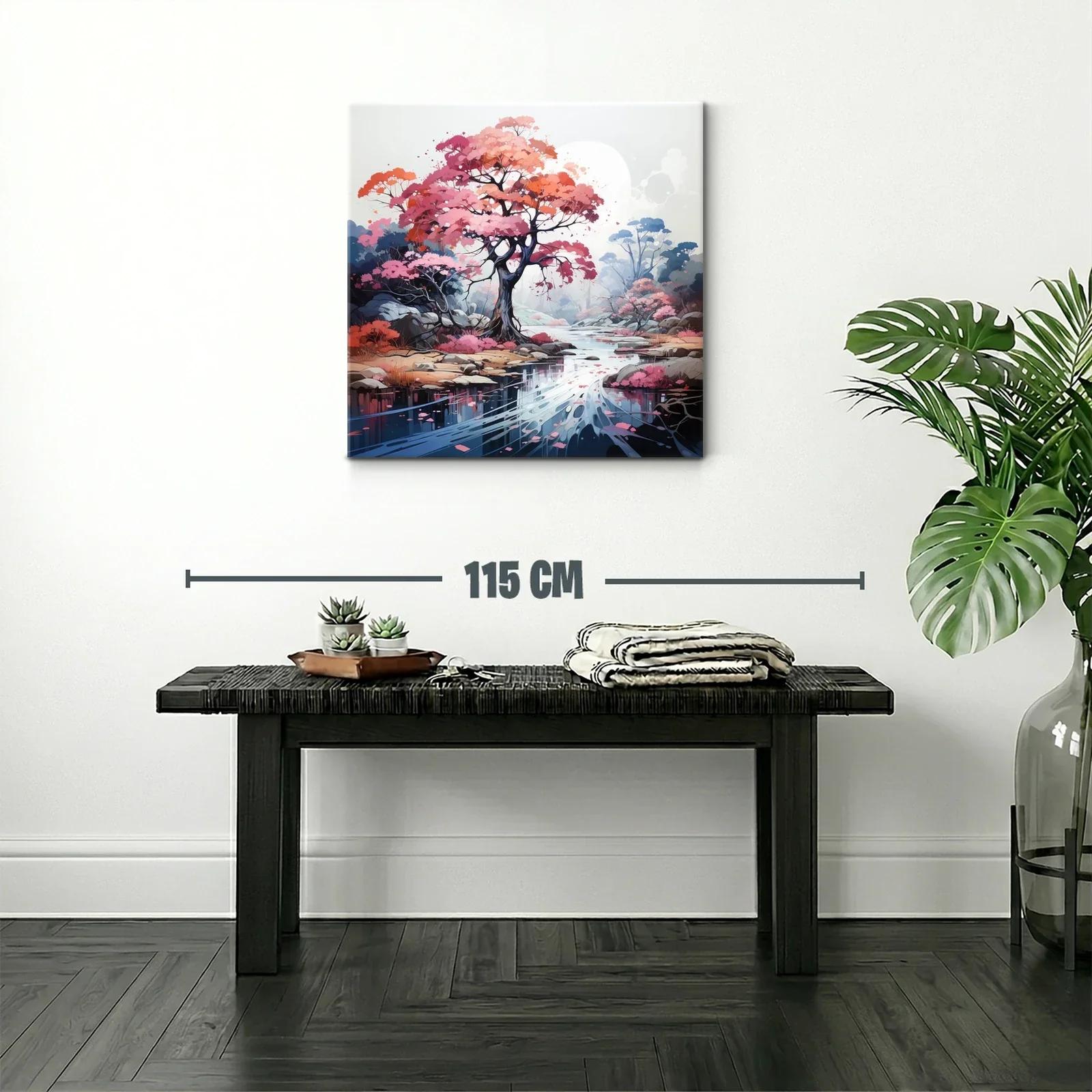Paisaje sereno con árbol rosa junto a río reflejante — miniatura 2
