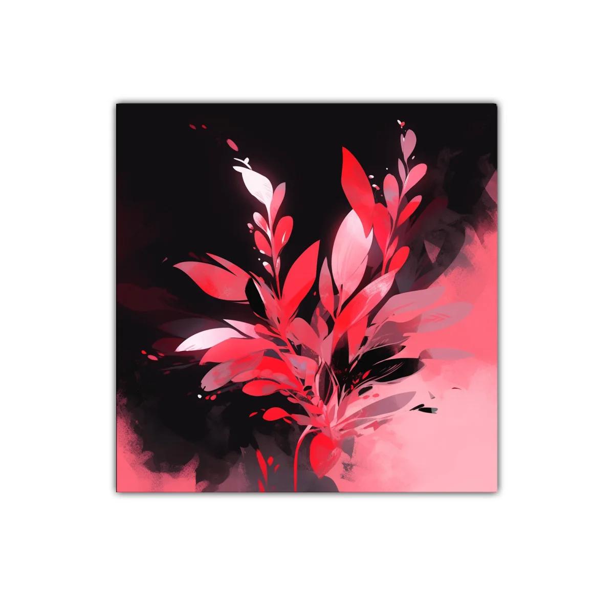 Cuadro decorativo con hojas abstractas en tonos rojos y rosas