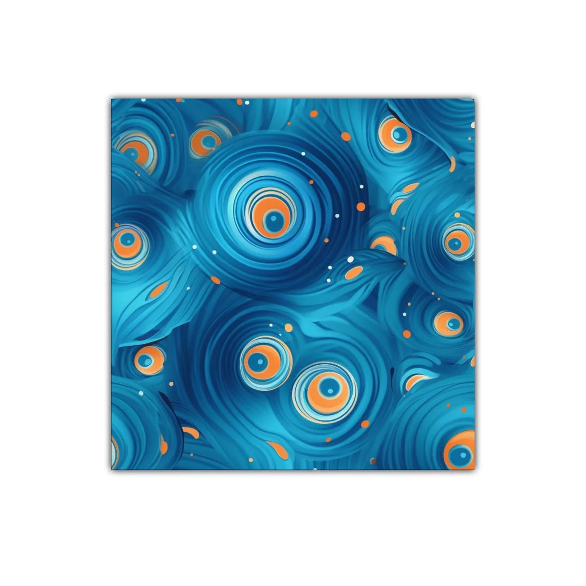 Cuadro abstracto en azules con detalles en naranja vibrante