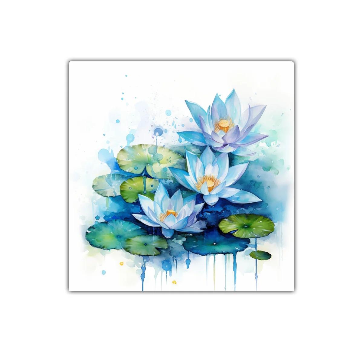 Cuadro decorativo con flores de loto en tonos azules y verdes — imagen principal