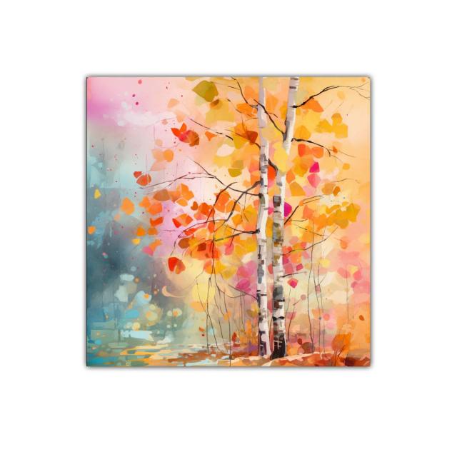 Bosque otoñal con troncos blancos y hojas cálidas