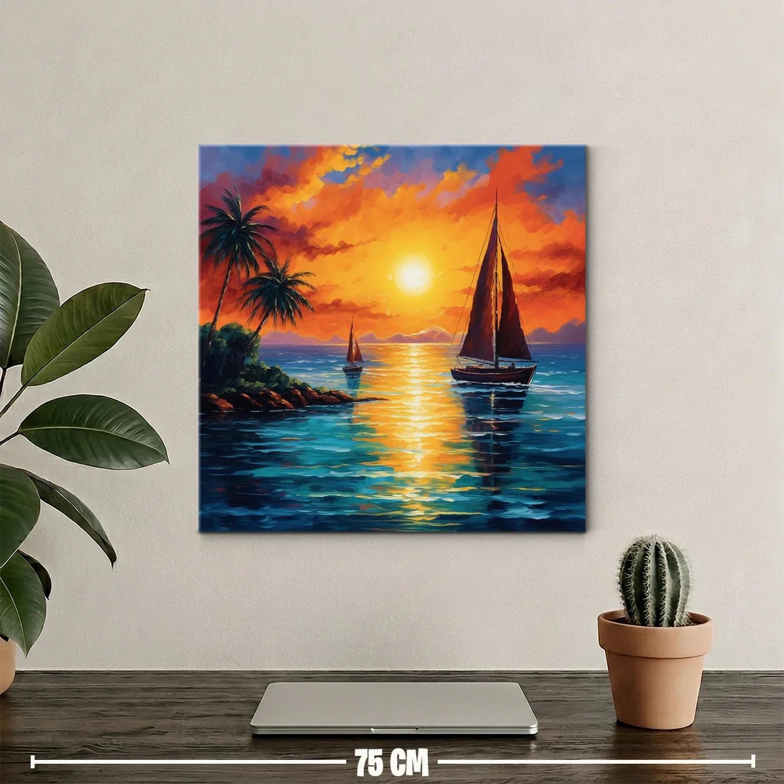 Atardecer en la costa con velero y palmeras tropicales — miniatura 2
