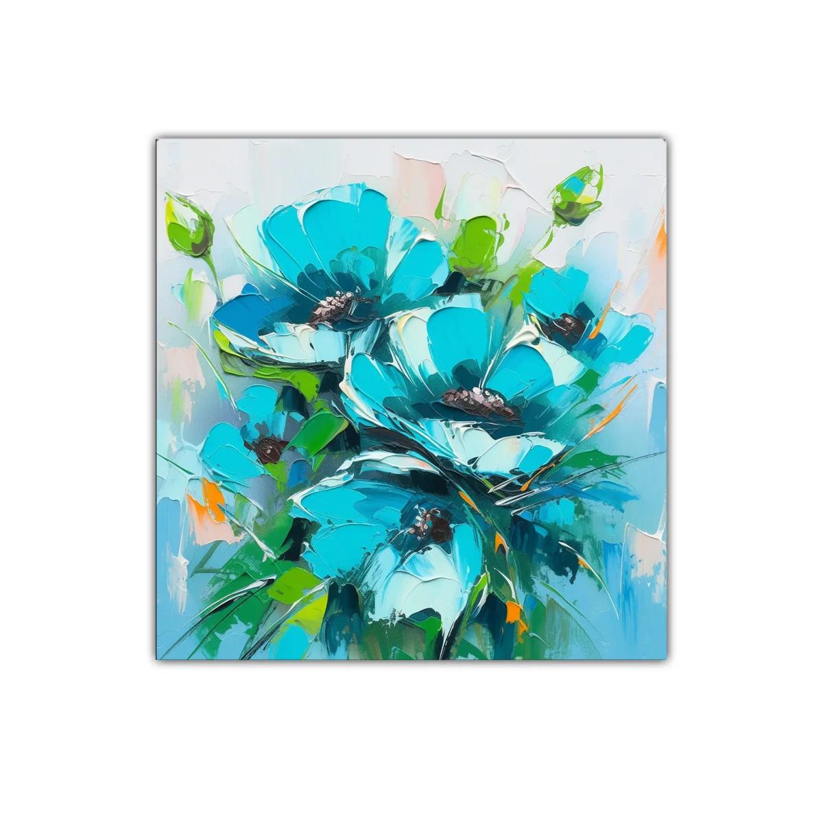 Cuadro decorativo con flores azules vibrantes y verdes