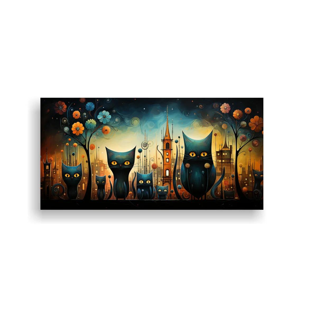 Cuadro gatos negros de ojos amarillos con ciudad fantástica y flores