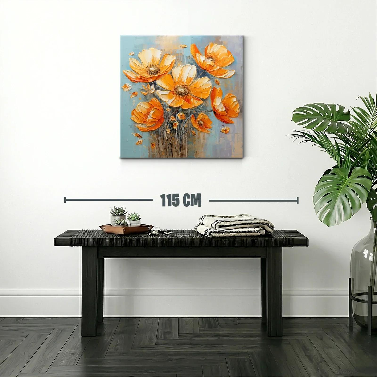 Cuadro floral vibrante en tonos cálidos y fondo azul — miniatura 2
