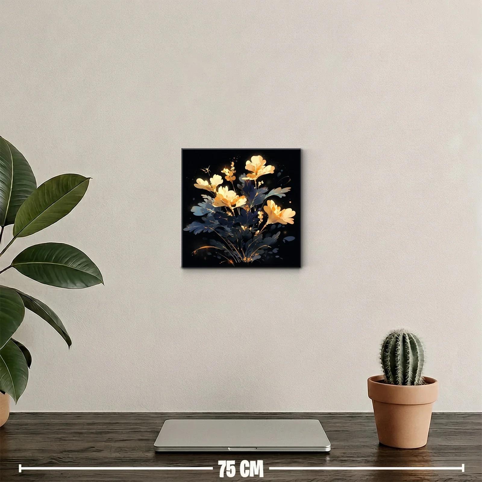 Cuadro floral con flores doradas y fondo oscuro elegante — miniatura 2