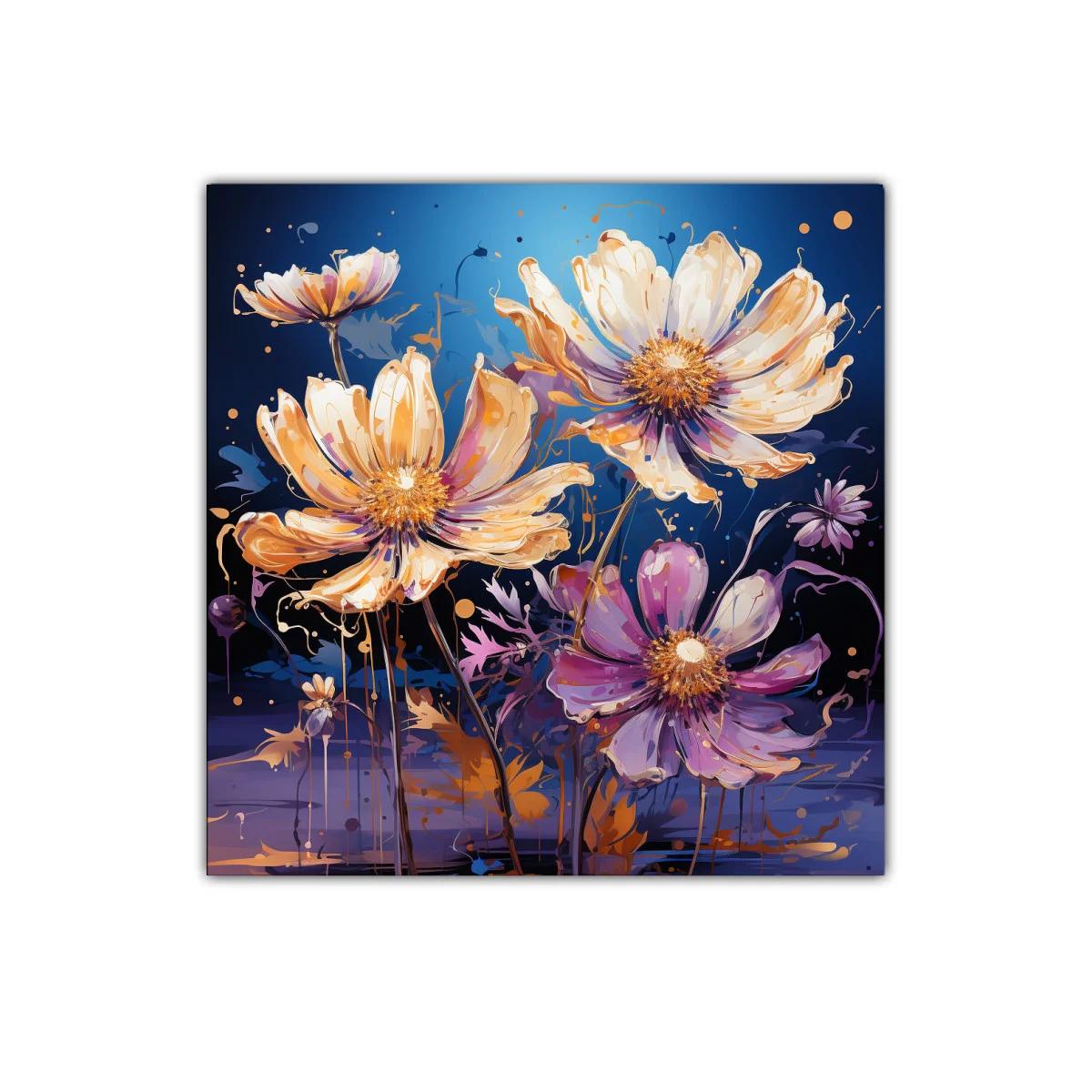 Cuadro floral con flores vibrantes en tonos cálidos y fondo azul