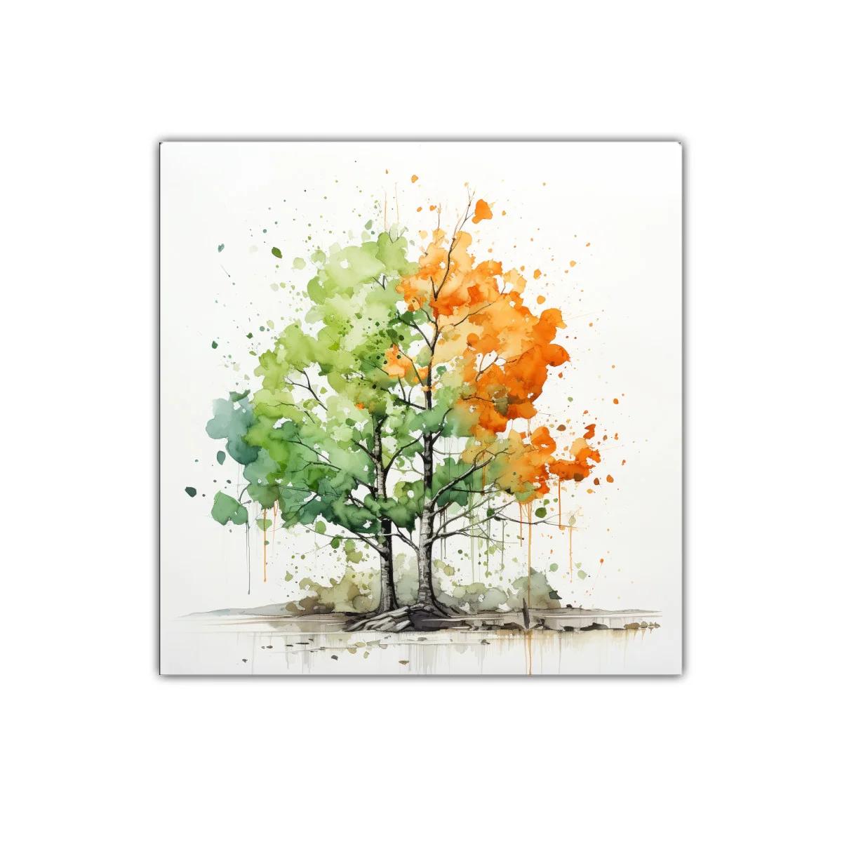 Árbol en transición con tonos verdes y naranjas vibrantes