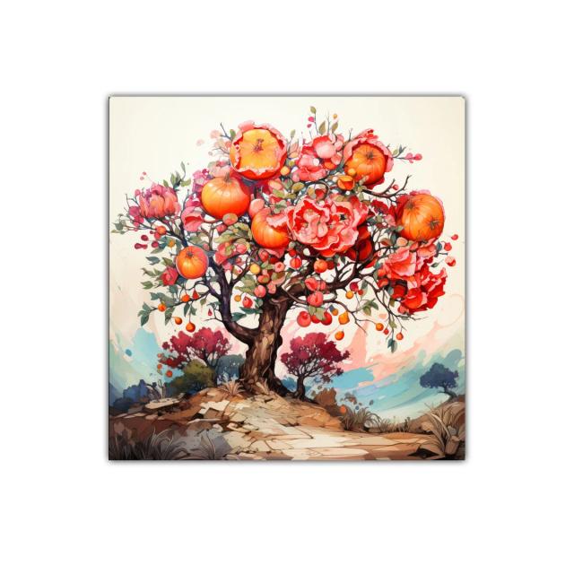 Árbol vibrante con flores y frutos en tonos cálidos