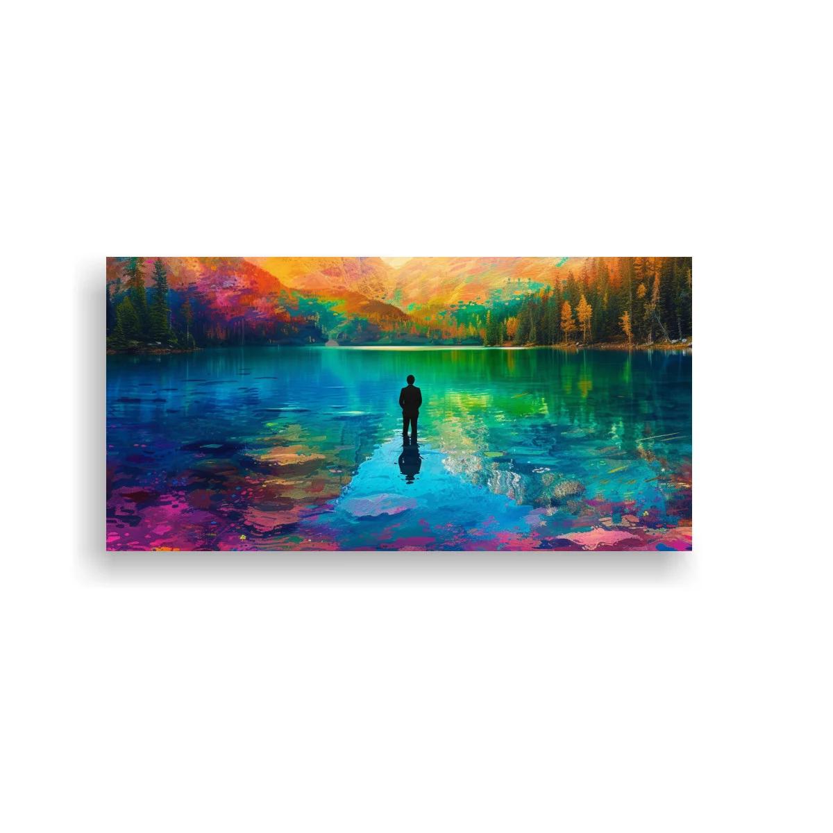 Cuadro figura solitaria junto a un lago con reflejos dorados — imagen principal
