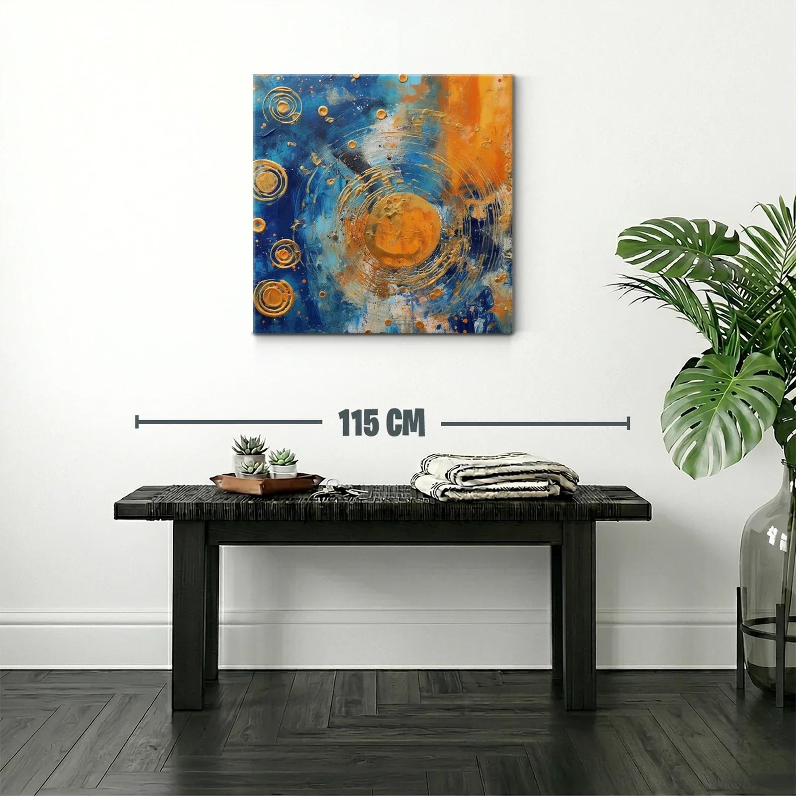 Cuadro abstracto con círculos dorados y contraste azul naranja — miniatura 2