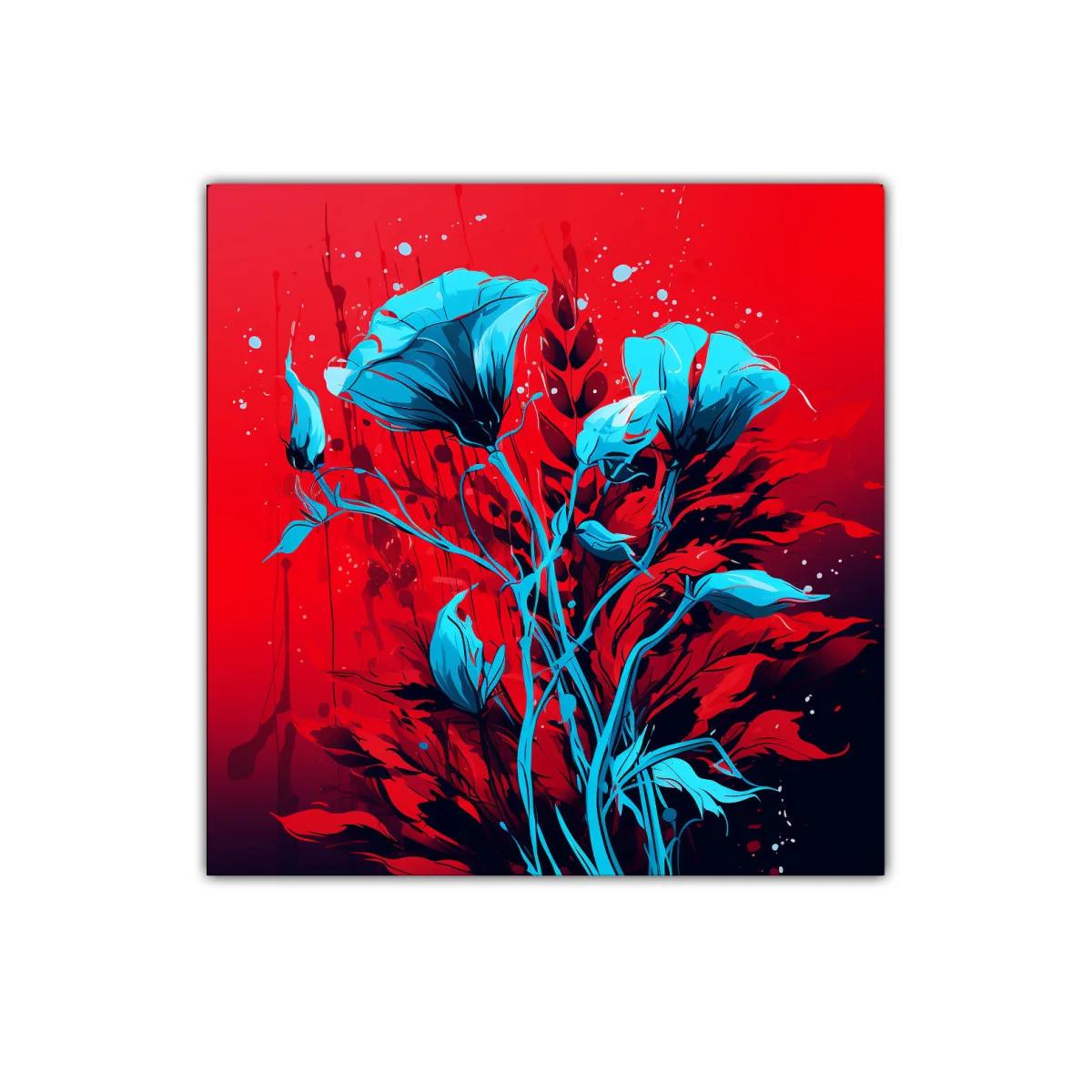 Cuadro decorativo con flores azules sobre fondo rojo vibrante — imagen principal