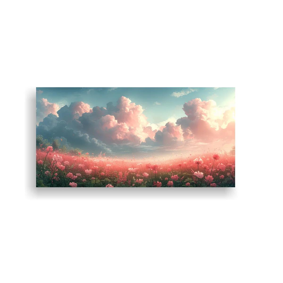 Cuadro campo de flores rosadas con nubes voluminosas