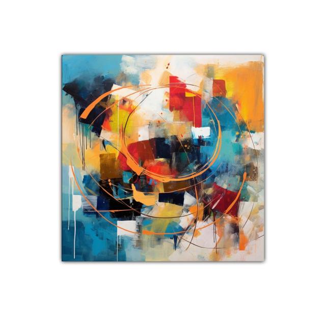 Cuadro abstracto con vibrantes círculos y formas geométricas