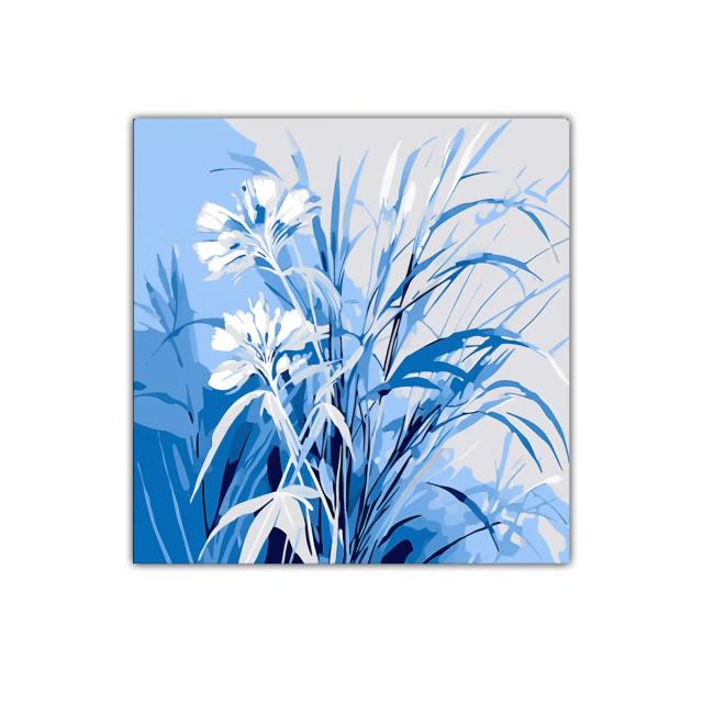 Cuadro decorativo flores y hojas en tonos azules suaves