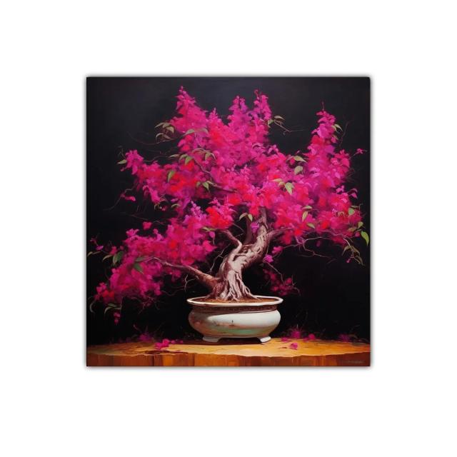 Árbol Bonsái en Floración Fucsia en Ambiente Oscuro