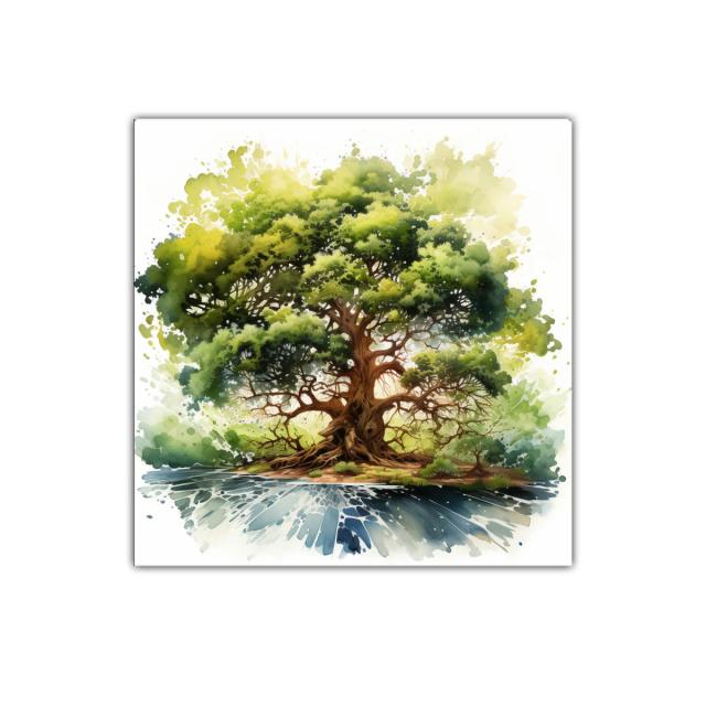 Impresionante árbol frondoso con reflejo en agua serena