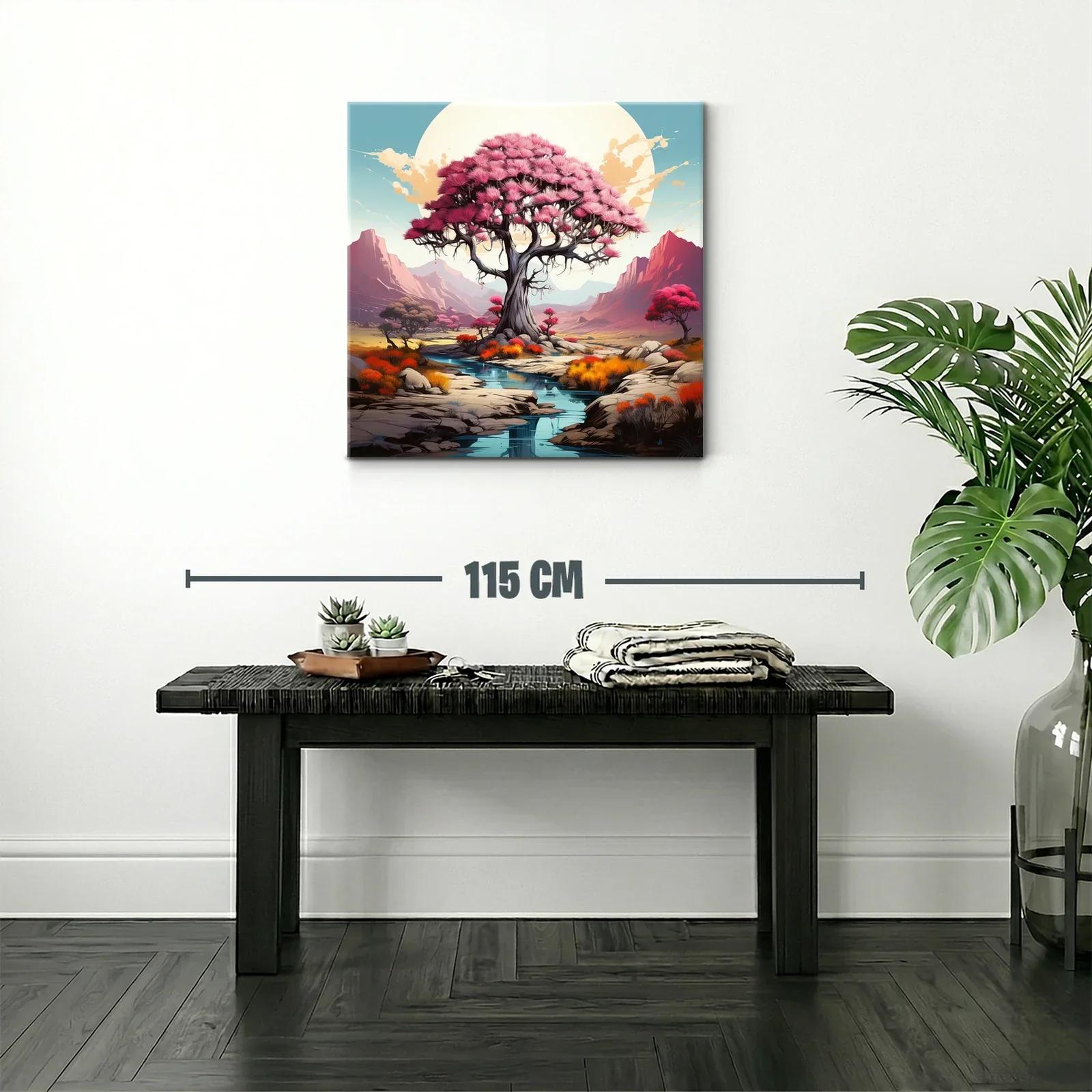 Árbol rosa en paisaje sereno con montañas al fondo — miniatura 2